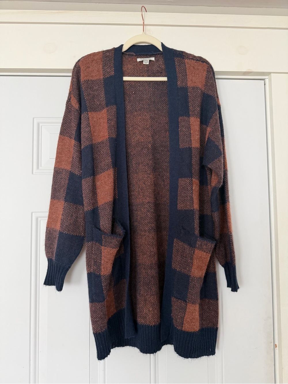 American Eagle Outfitters Open-Front Plaid Cardigan - Navy & Rust